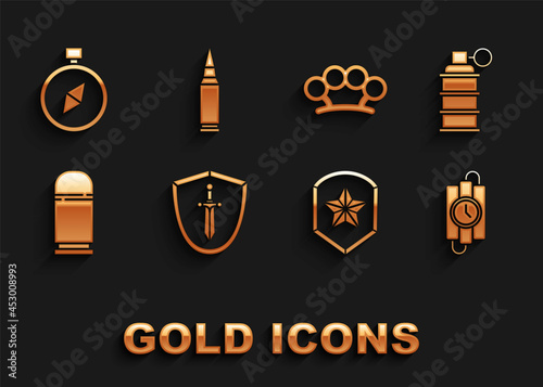 Set Medieval shield with sword, Hand grenade, dynamite stick timer clock, Police badge, Cartridges, Brass knuckles, Compass and Bullet icon. Vector