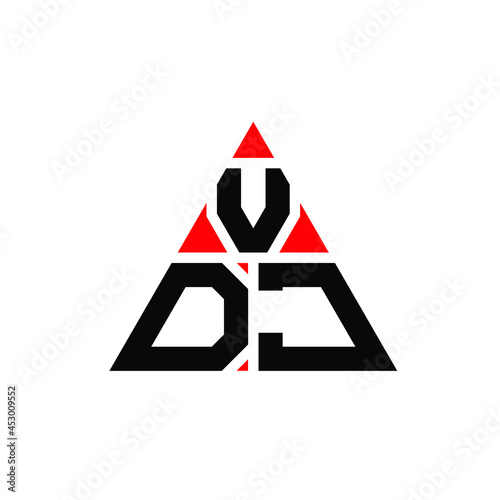 VDJ triangle letter logo design with triangle shape. VDJ triangle logo design monogram. VDJ triangle vector logo template with red color. VDJ triangular logo Simple, Elegant, and Luxurious Logo. VDJ  photo