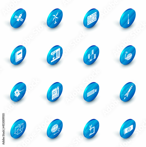 Set Wind turbine, Server, Data, Web Hosting, Screwdriver, User manual, Wireless charger, Coffee machine, Social network and Computer icon. Vector