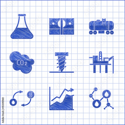 Set Rotating drill digging a hole, Oil price increase, Molecule oil, platform the sea, exchange, CO2 emissions cloud, railway cistern and petrol test tube icon. Vector