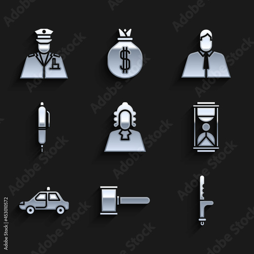 Set Judge, gavel, Police rubber baton, Old hourglass with sand, car flasher, Pen, Lawyer, attorney, jurist and officer icon. Vector