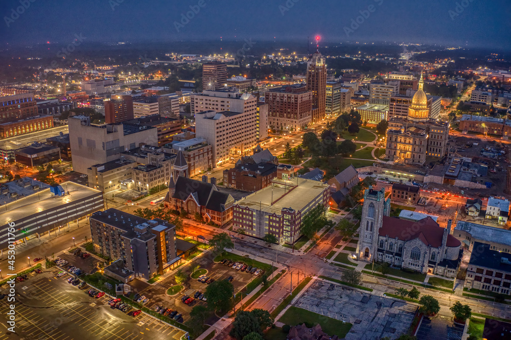 Naklejka premium Aerial View of Downtown Lansing, Michigan during Summer