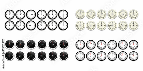 Clock icon set. Watch, time icon vector. Realistic wall clock set. Time icon set. Vector illustration. Stock image. 