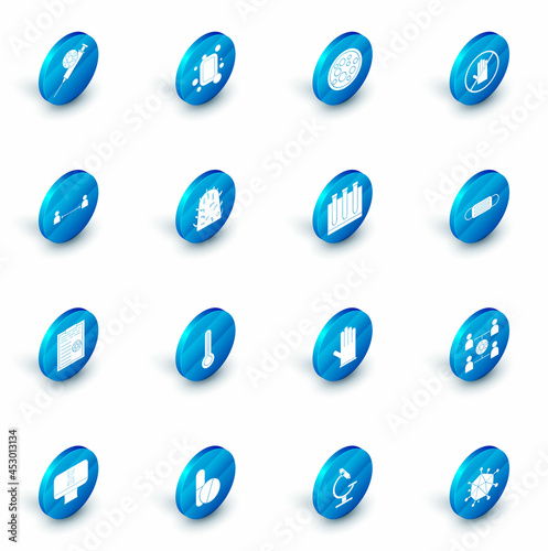 Set Bar of soap, Virus, No handshake, Safe distance, Clipboard with blood test results, Rabies virus, Medical protective mask and Blood icon. Vector