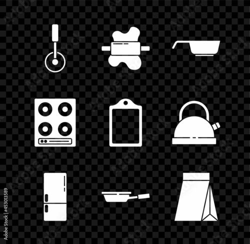 Set Pizza knife, Rolling pin on dough, Frying pan, Refrigerator, Bag of coffee beans, Gas stove and Cutting board icon. Vector