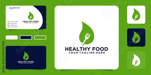 healthy food logo design inspiration  leaf and fork with business card