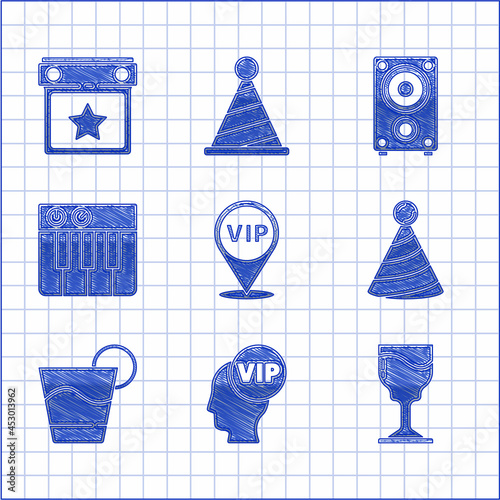 Set Location Vip, inside head, Wine glass, Party hat, Cocktail, Music synthesizer, Stereo speaker and Calendar party icon. Vector