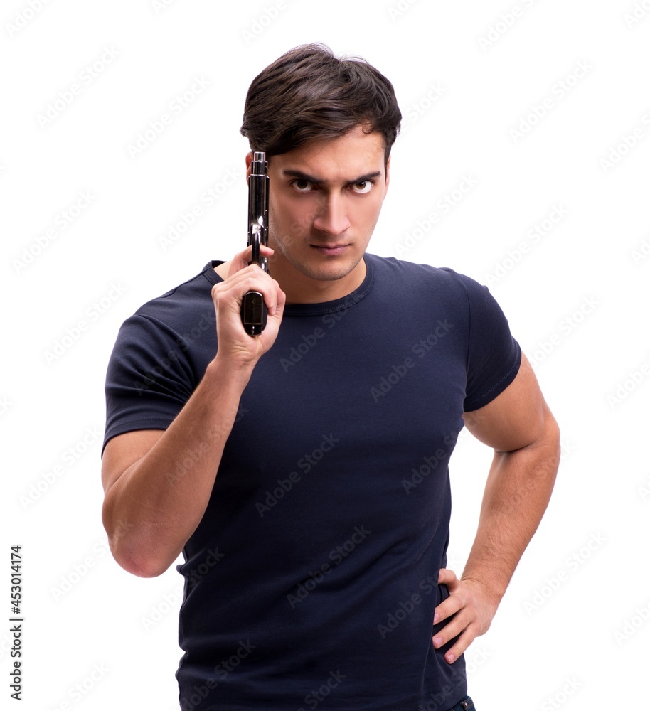 Aggressive young man with gun isolated on white Aggressive young man with gun isolated on white