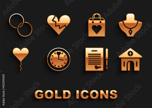 Set Clock, Necklace on mannequin, Church building, Marriage contract, Balloon form of heart, Shopping bag with, Wedding rings and Broken divorce icon. Vector