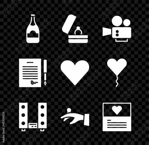 Set Champagne bottle, Wedding rings, Cinema camera, Home stereo with two speakers, on hand, Greeting card, Marriage contract and Heart icon. Vector