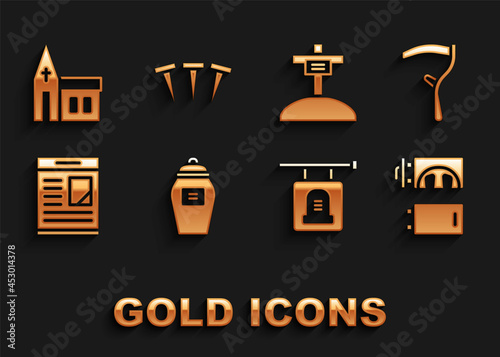 Set Funeral urn, Scythe, Crematorium, Signboard tombstone, Obituaries, Grave with cross, Church building and Metallic nails icon. Vector