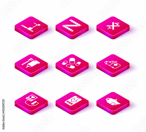Set Blood pressure, Mobile with heart rate, Toothbrush and toothpaste, Vitamin pill, Teapot cup, Ambulance emergency car, No doping syringe and Tape measure icon. Vector