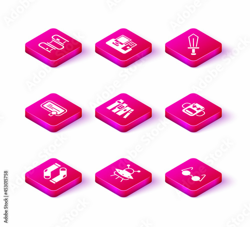 Set Socks, UFO flying spaceship, Certificate template, Book, Eyeglasses, School backpack, Sword for game and Monitor with keyboard icon. Vector