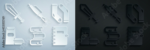 Set Book, Socks, Burger, Spiral notebook, Fountain pen nib and Sword for game icon. Vector