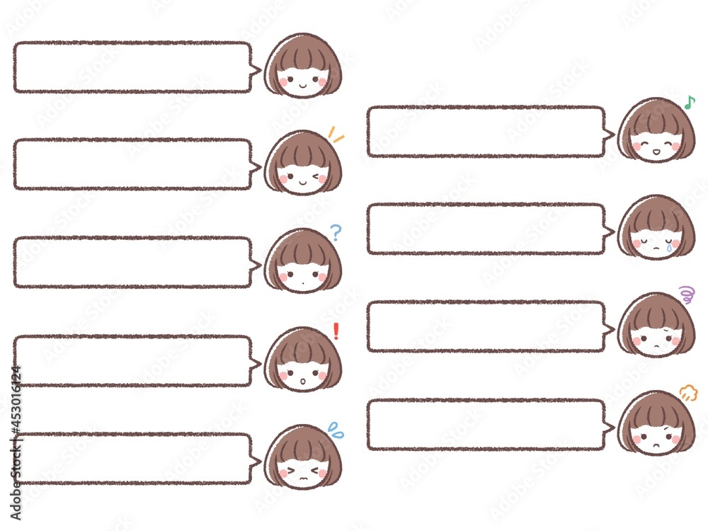 色々な表情の女の子とフキダシフレームセット 色々な表情の女の子とフキダシフレームセット