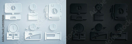 Set Vacation time, Daily paper notepad, Time is money, to sleep, Work and Smart Tv icon. Vector