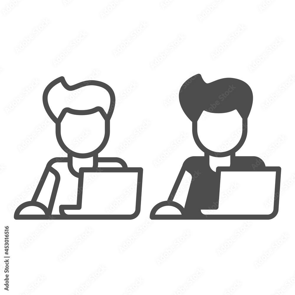 Guy on laptop with mouse, freelancer, programmer line and solid icon, work concept, student vector sign on white background, outline style icon for mobile concept and web design. Vector graphics.