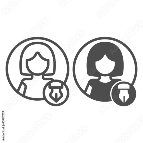Woman, pen in circle, avatar of writer, journalist line and solid icon, ui concept, copywriter vector sign on white background, outline style icon for mobile concept and web design. Vector graphics.
