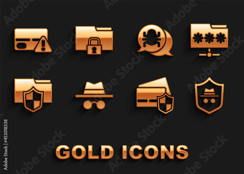 Set Incognito mode, Folder with password, Credit card shield, Document folder protection, System bug, and and lock icon. Vector