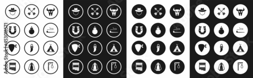 Set Buffalo skull, Bomb ready to explode, Horseshoe, Western cowboy hat, Smoking pipe, Crossed arrows, Indian teepee wigwam and Cowboy bandana icon. Vector