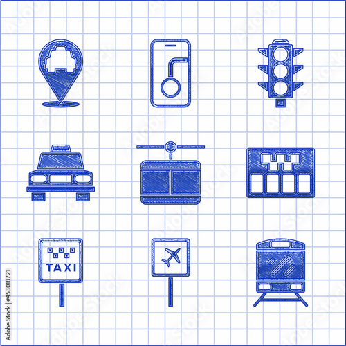 Set Cable car, Airport, Train, Taximeter, Road sign for taxi stand, Traffic light and Location with icon. Vector