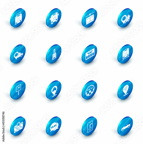 Set Bus, Cable car, Location with bus, taxi, Airport, Car key remote, Train and Taximeter icon. Vector