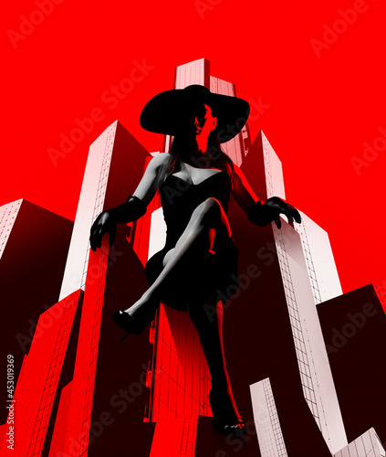 3d render noir illustration of sexy noir styled lady in black dress and hat sitting on red and black city buildings. photo