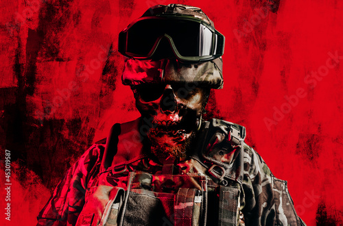 Illustration of undead zombie soldier face in uniform and armored clothing standing on red grungy background.