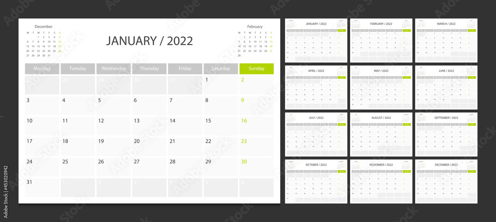 Calendar 2022 week start Monday corporate design planner template. - obrazy, fototapety, plakaty 