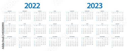 Calendar 2022, calendar 2023 week start Sunday corporate design template vector.