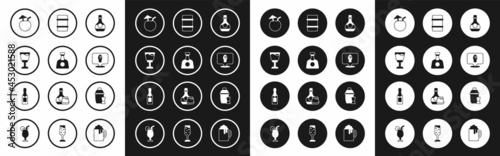 Set Bottle of cognac or brandy, Tequila bottle, Wine glass, Coconut cocktail, Alcohol beer bar location, Metal keg, Cocktail shaker and Champagne icon. Vector