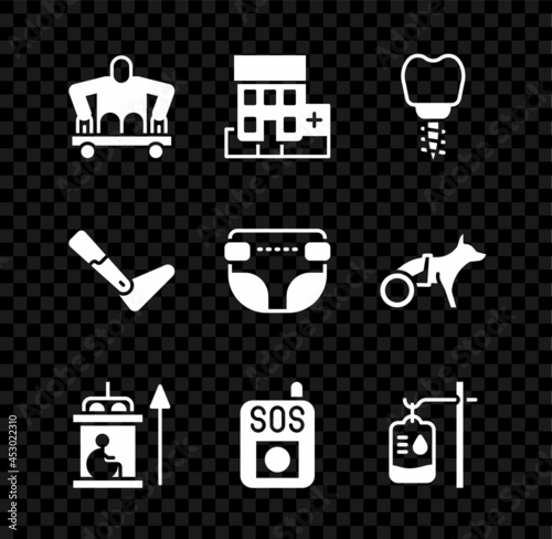 Set Man without legs sitting wheelchair, Medical hospital building, Dental implant, Elevator for disabled, Press the SOS button, IV bag, Prosthesis and Adult diaper icon. Vector
