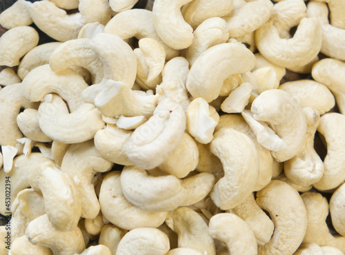 Cashew nuts top view background. 