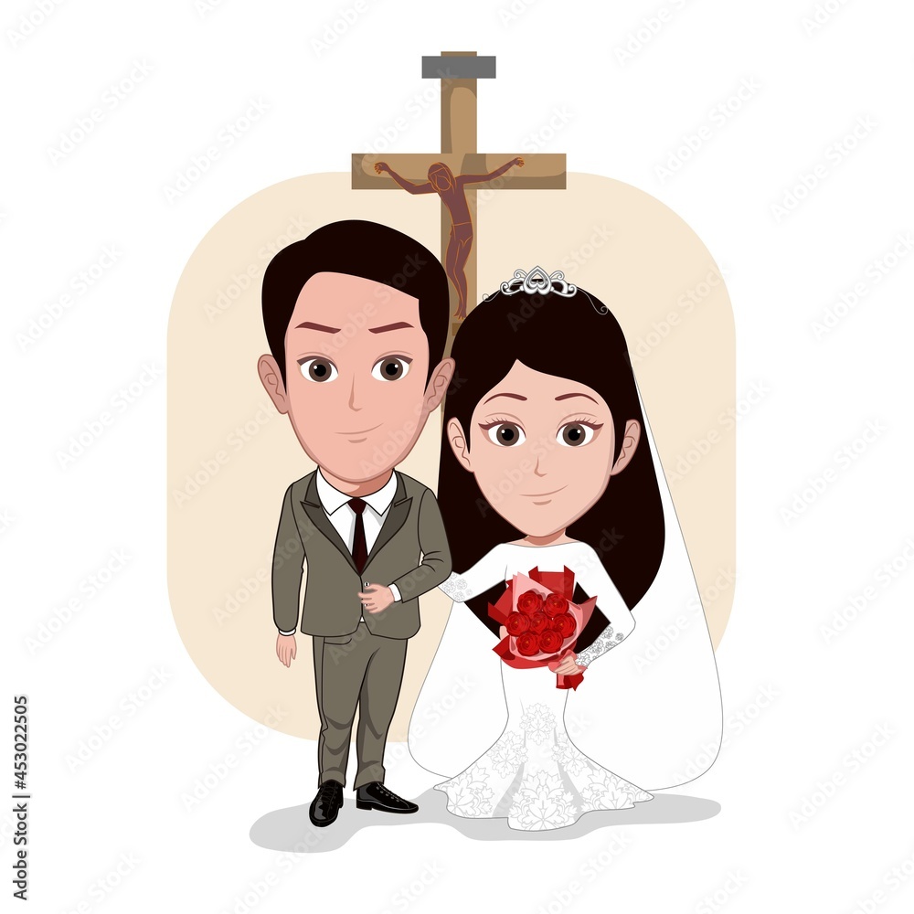Cartoon carricature of a couple is having a wedding at the church Stock  Vector | Adobe Stock