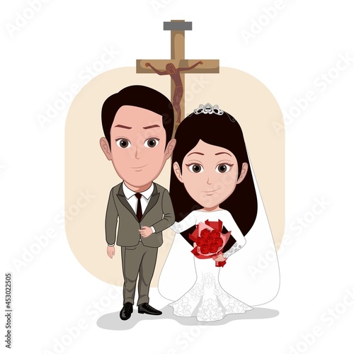 Cartoon carricature of a couple is having a wedding at the church