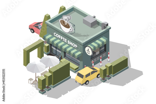 Isometric coffee shop with a sign or logo on top in the shape of a large coffee cup 3D model of a coffee shop and Drive Thru take away pick up point with cars vector illustration