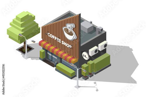 Isometric coffee shop with a sign or logo on top in the shape of a large coffee cup 3D model of a coffee shop and tree with street lamps vector illustration isolated on white backgrounds
