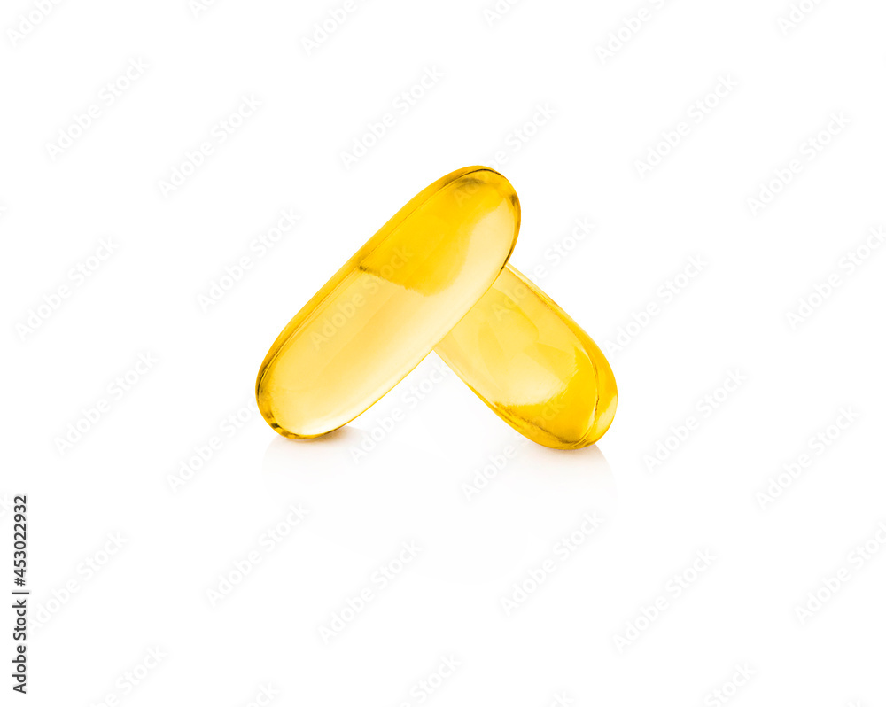 fish oil supplement capsules higher vitamin and omega-3 in selective focus isolated on white background