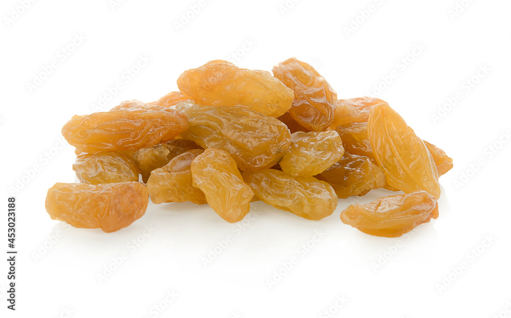 Raisins on white background, Isolated Raisin, Heap of yellow Raisins, Indian Kishmish.