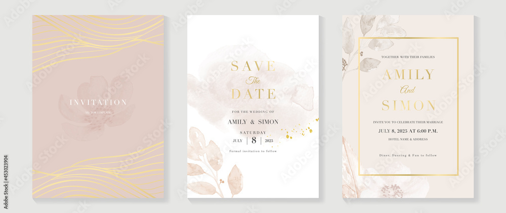 Luxury wedding invitation card background  with golden line art flower and botanical leaves, Organic shapes, Watercolor. Abstract art background vector design for wedding and vip cover template.
