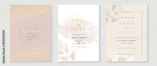 Luxury wedding invitation card background with golden line art flower and botanical leaves, Organic shapes, Watercolor. Abstract art background vector design for wedding and vip cover template. 