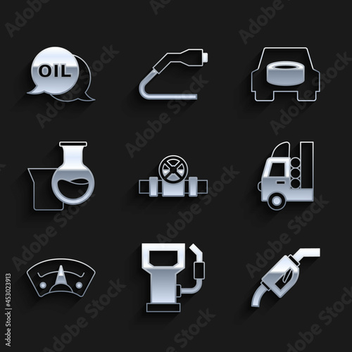 Set Metallic pipes and valve, Petrol or gas station, Gasoline pump nozzle, tank for vehicle, Motor gauge, Oil petrol test tube, Spare wheel the car and Word oil icon. Vector