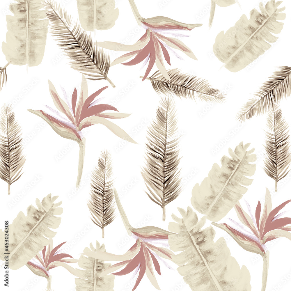 Gray Pattern Textile. Brown Tropical Palm. White Floral Foliage. Decoration Texture. Floral Illustration. Summer Painting. Spring Hibiscus. Wallpaper Art.