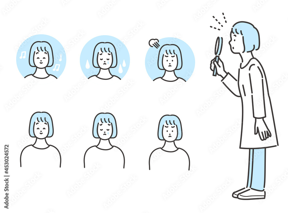 観察する女性と表情セット 水色ベース 観察する女性と表情セット 水色ベース