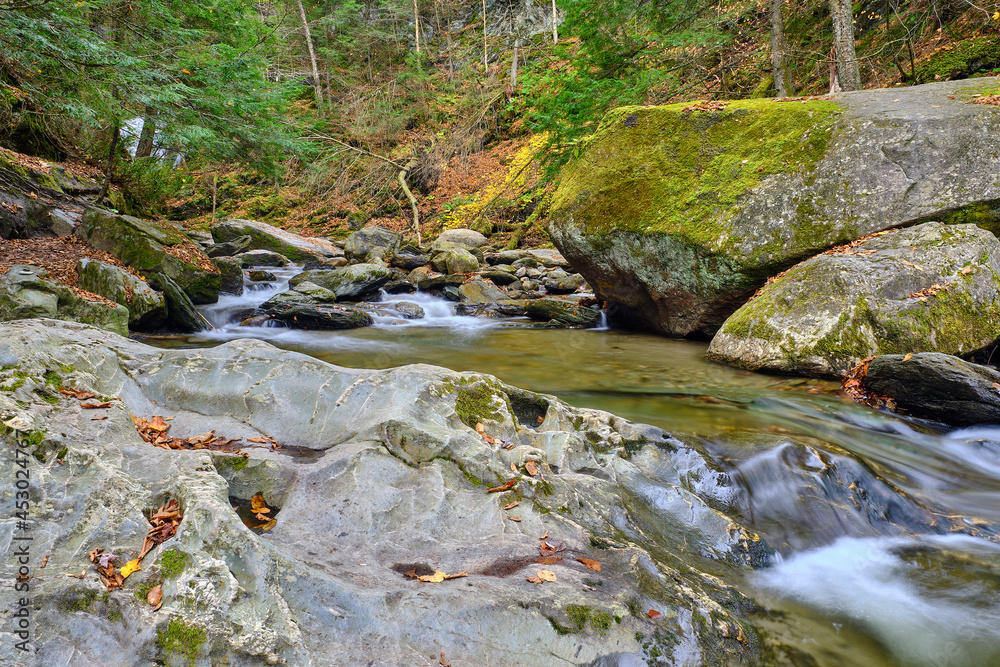 Moss covered rocks and colorful autumn leaves surround a brook with small cascades in the Vermont Forest near Stowe Moss covered rocks and colorful autumn leaves surround a brook with small cascades in the Vermont Forest near Stowe