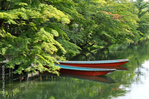 緑の木々に囲まれた池に浮かぶボート　　弘前城のある弘前公園のお堀　　青森県弘前市