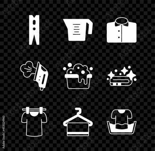 Set Clothes pin, Measuring cup, T-shirt, Drying clothes, Towel on hanger, Basin with, Electric iron and soap suds icon. Vector