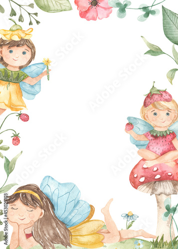 Watercolor rectangular frame with garden fairies, flowers, leaves, mushrooms