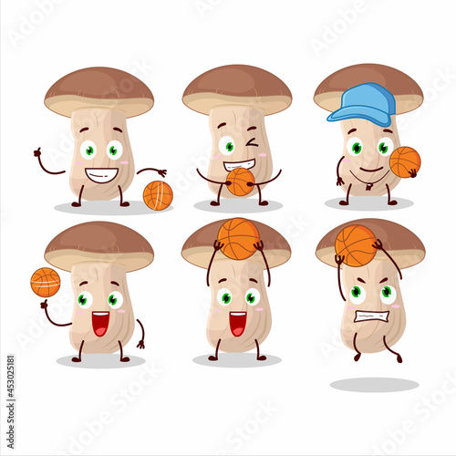 Talented brown cap boletus cartoon character as a basketball athlete
