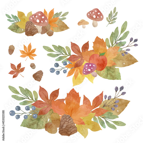 水彩風　紅葉と落ち葉、木の実の秋イラスト素材　セット